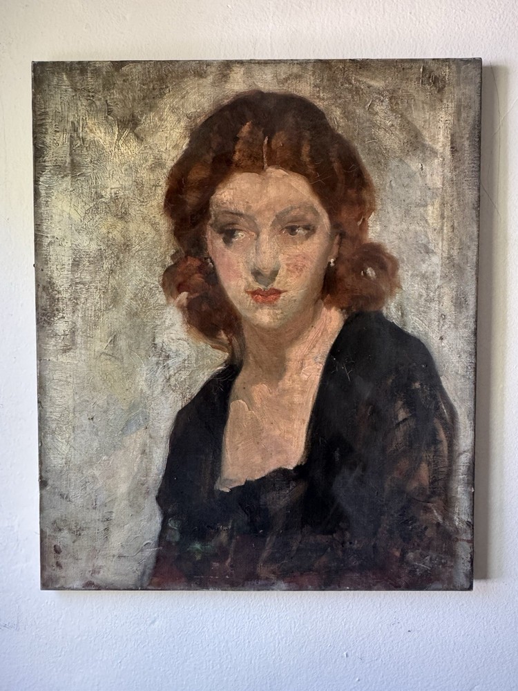 Antique Old Expressionist Portrait Oil Painting Red Haired Woman