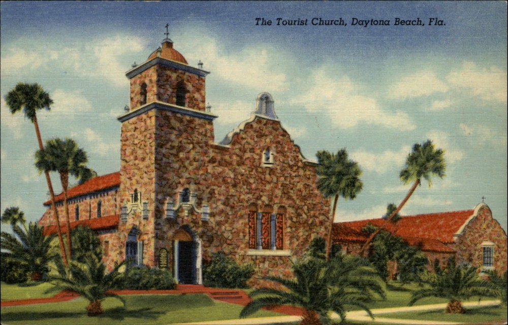 Tourist Church Daytona Beach Florida bell tower stained glass ~ 1940s linen