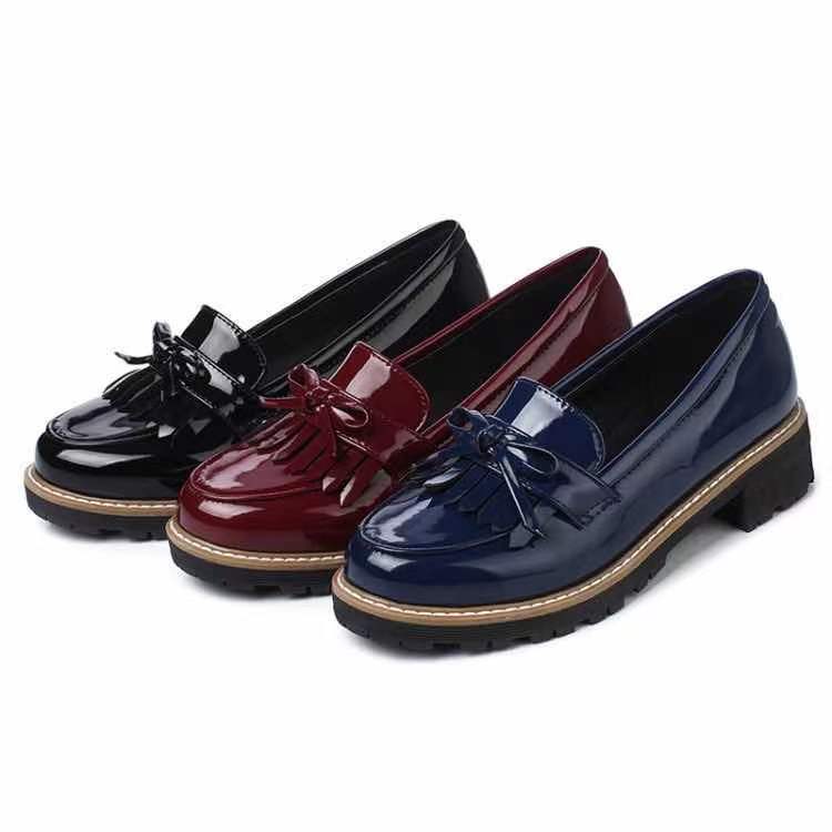 Women's Flat Shiny Leather Comfort Shoes Slip On Spring Loafers Bowtie Tassel OL