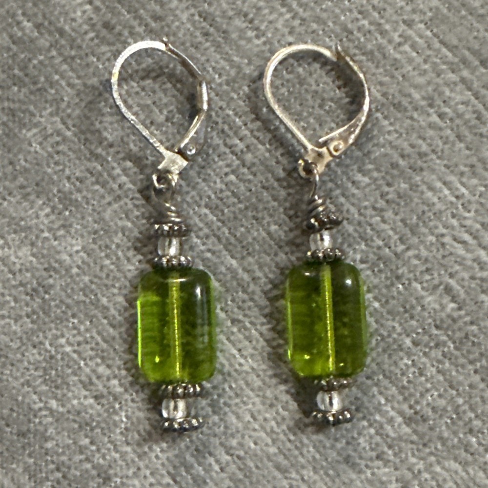 VTG Sterling Silver  Green Murano Venetian Glass Dangle Pierced Earrings Boho