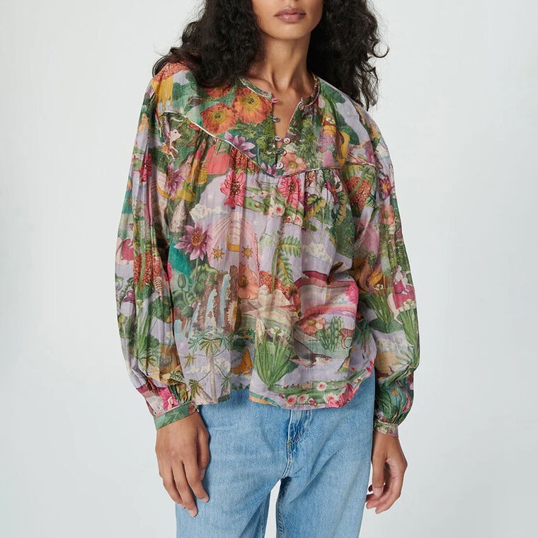 Chufy Top Womens Medium Iris Earth Pink All Over Print Blouse NWT