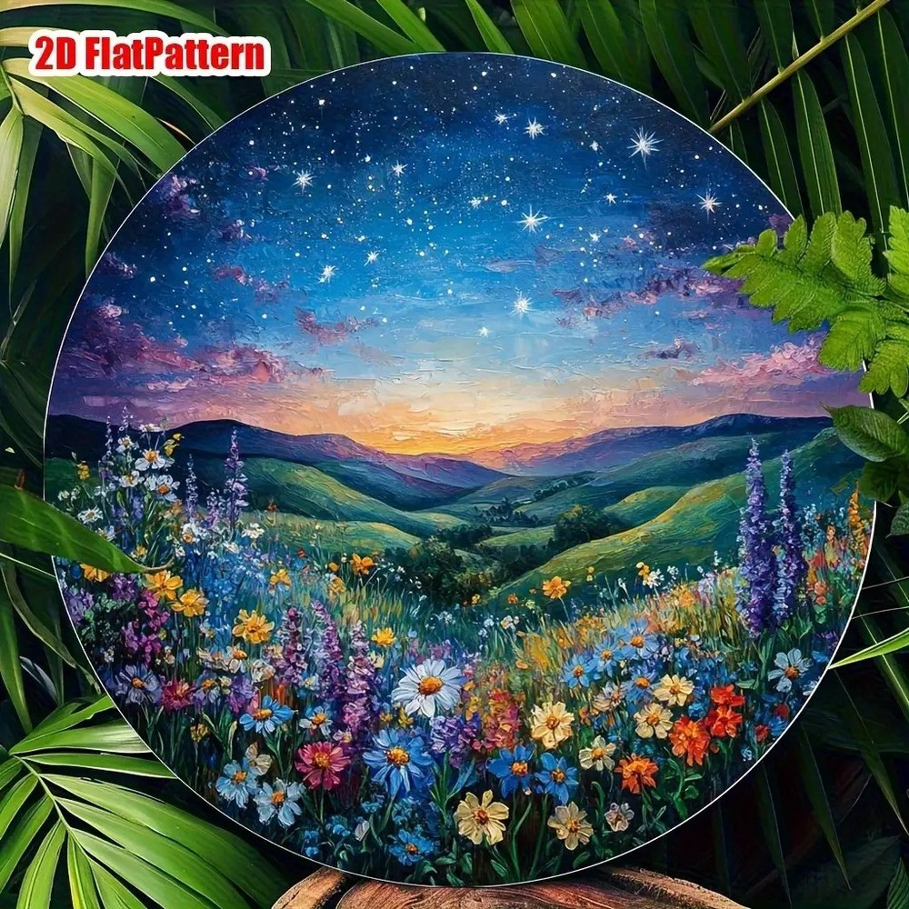 Floral Starry Night Scene Round Metal Wall Decor 8x8 Inch