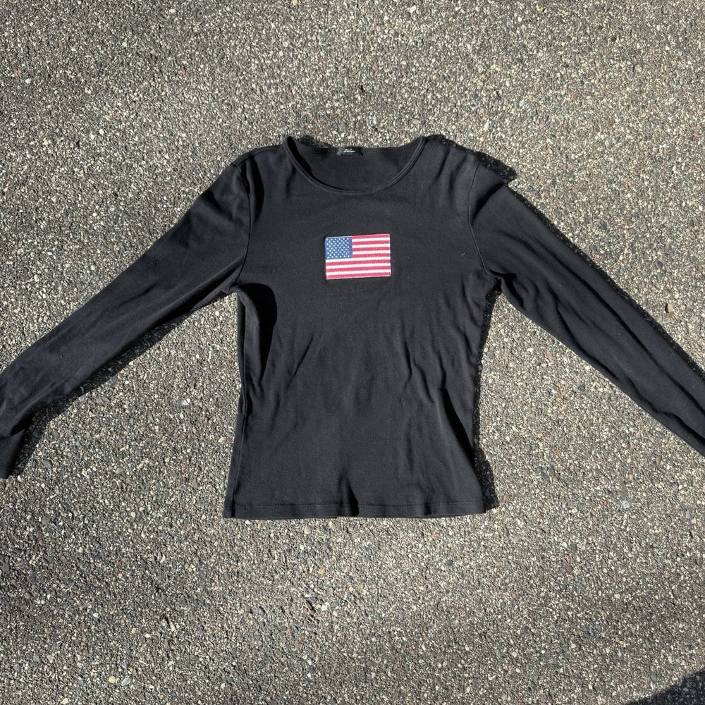 Storm Black Cotton Long Sleeve USA Flag Graphic T-Shirt Women's Size L
