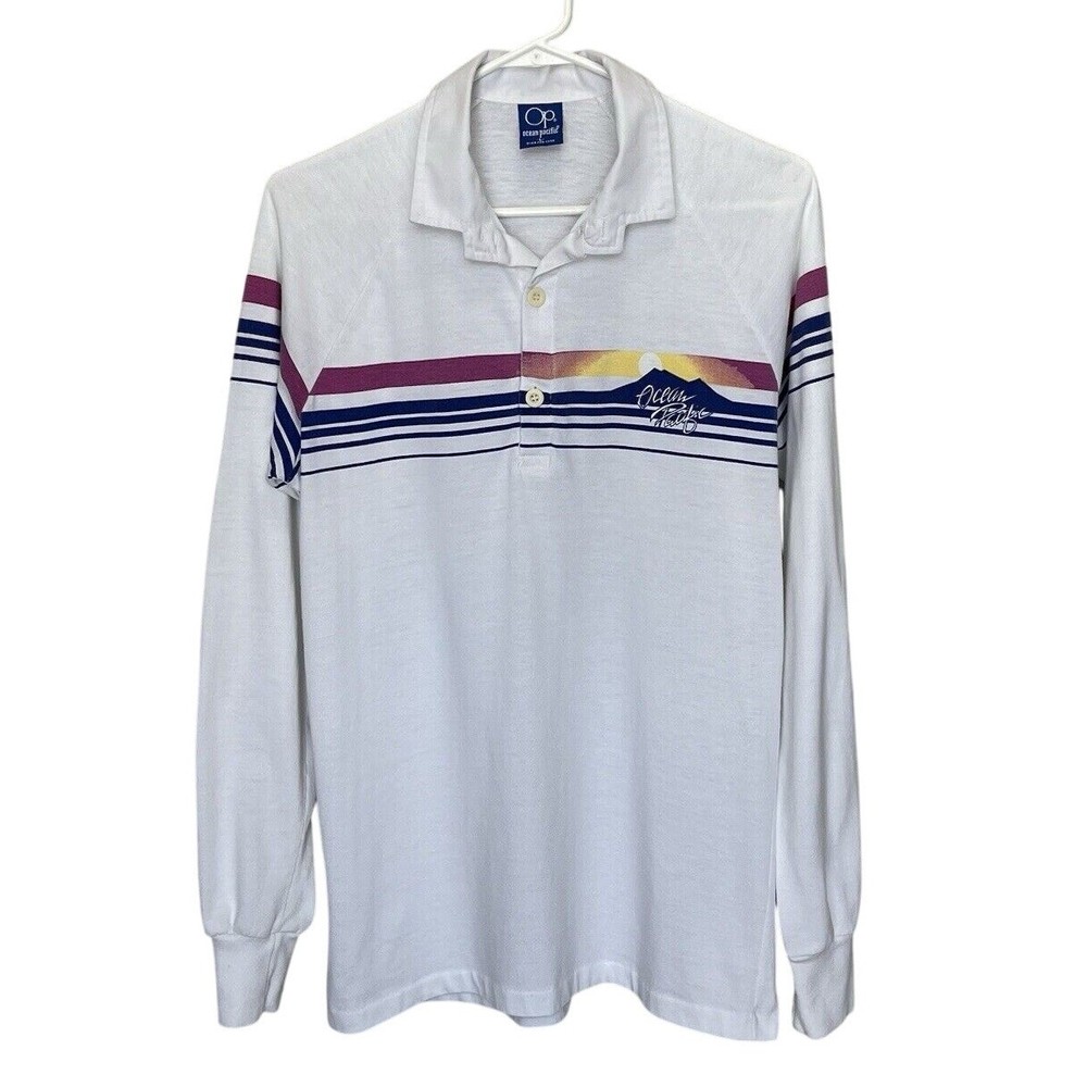 OP Ocean Pacific | Vintage 80s White Striped Long Sleeve Collared Top Women’s L