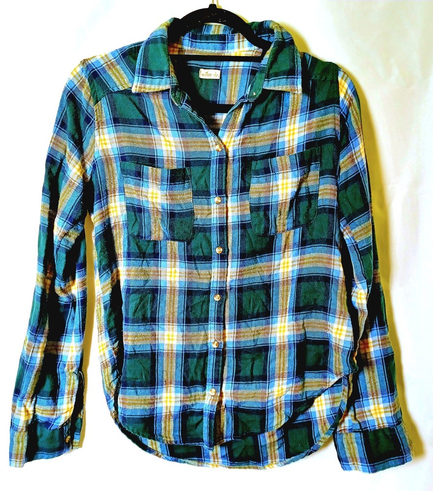 Hollister Women's Size Small Plaid Flannel Shirt Button Front Blue Green Casual