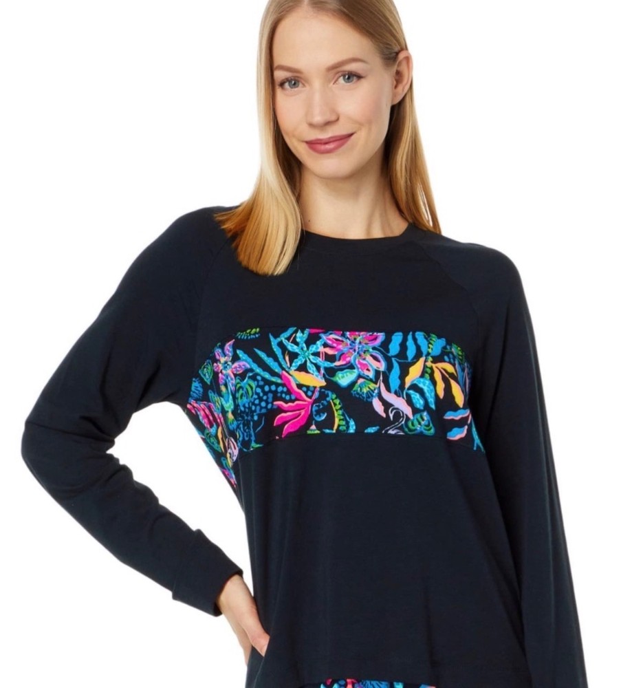 Lilly Pulitzer Chapman Long Sleeve Black Top Onyx Paradise Glow Size S NWOT
