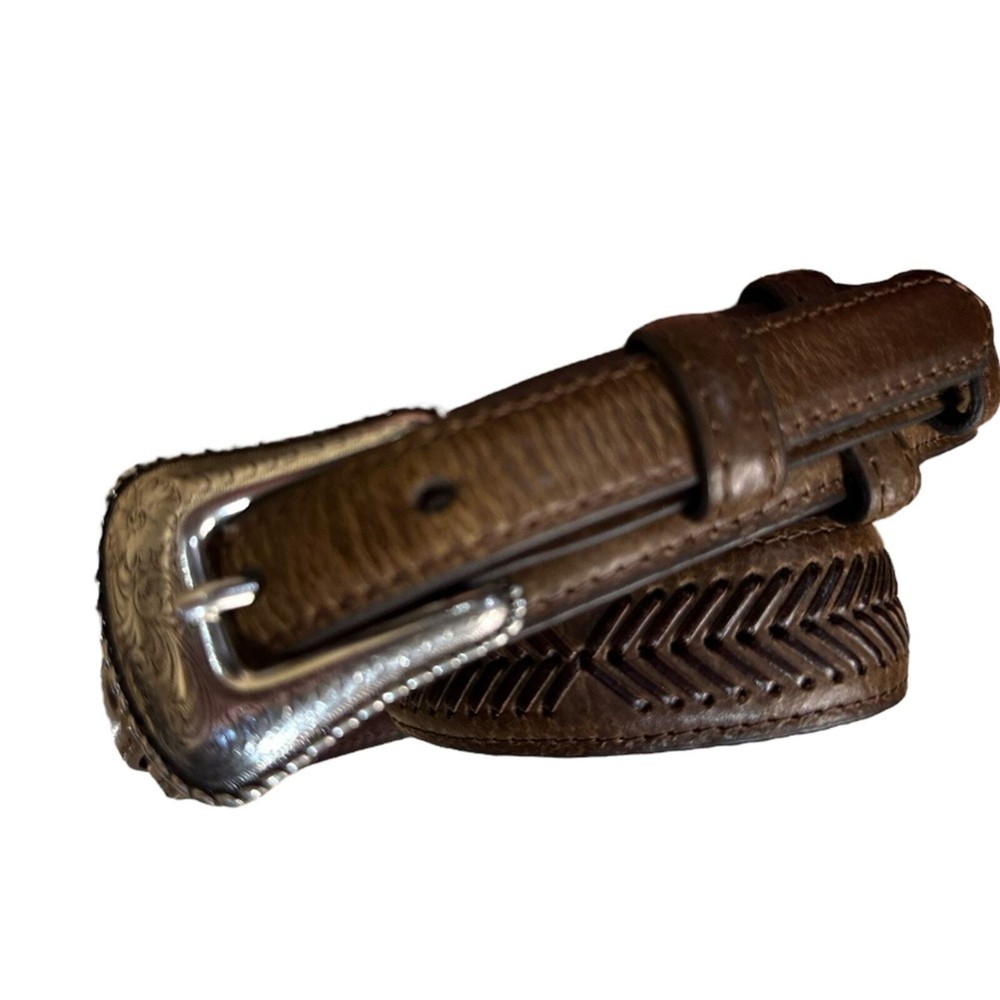 Nocona Belt Co Mens Size 34 Brown Leather Belt with Engraved Buckle