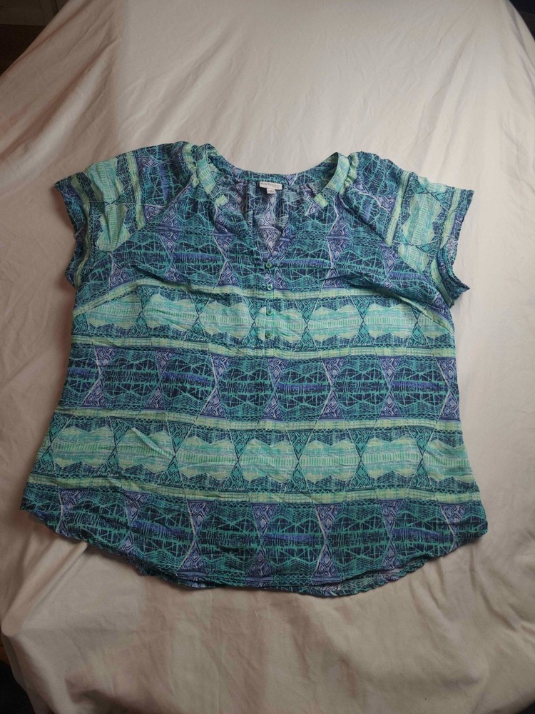 Kim Rogers Shirt Top Womens Size 1X Green Abstract Print Short Sleeve V-Neck