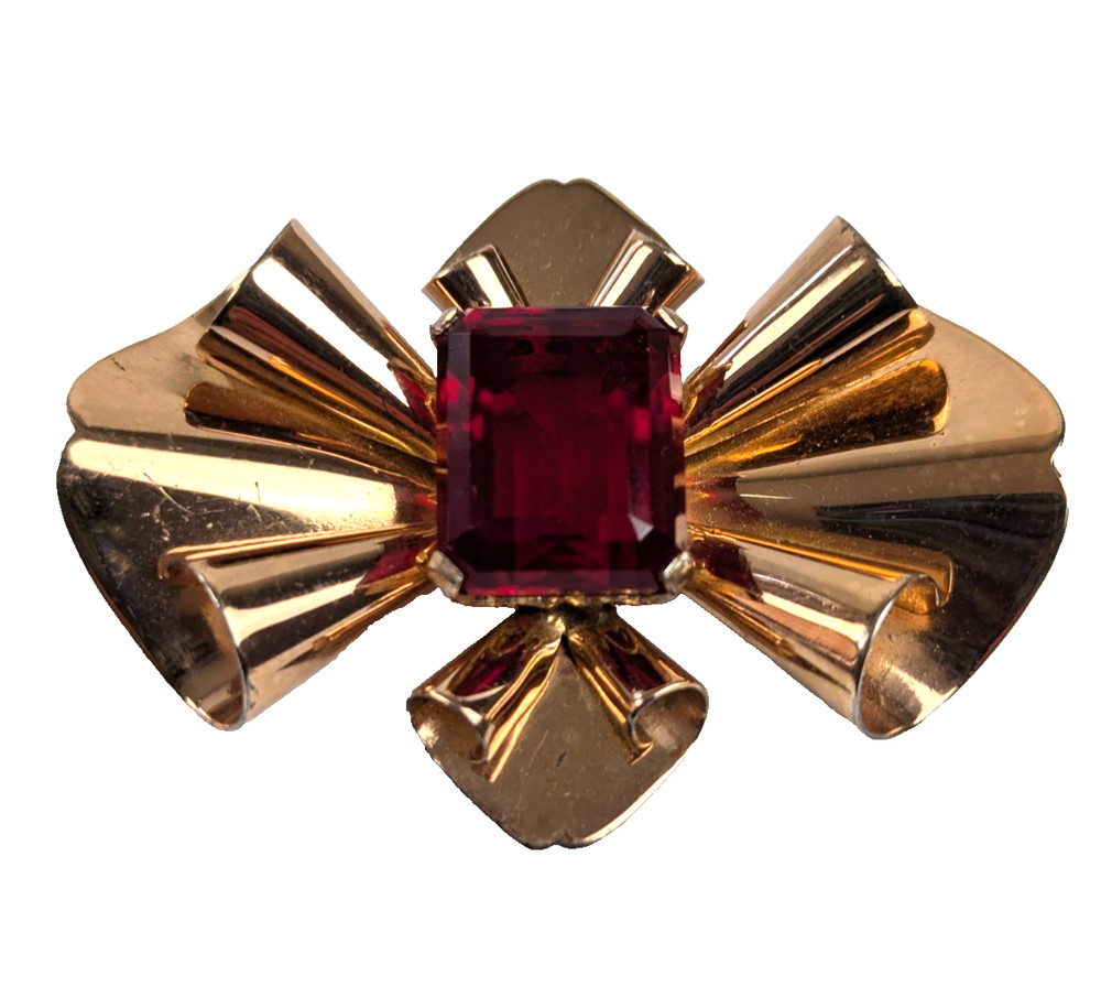 Large Large Sterling Silver Rose Gold Vermeil Red Rhinestone Brooch 2.75