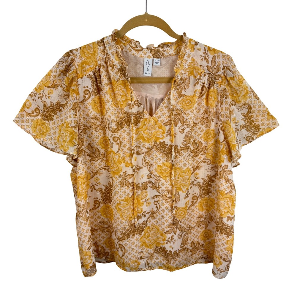 Joie Womens XL Yellow Floral Metallic Stripe Ruffle Tie Neck Flutter Sleeve Top