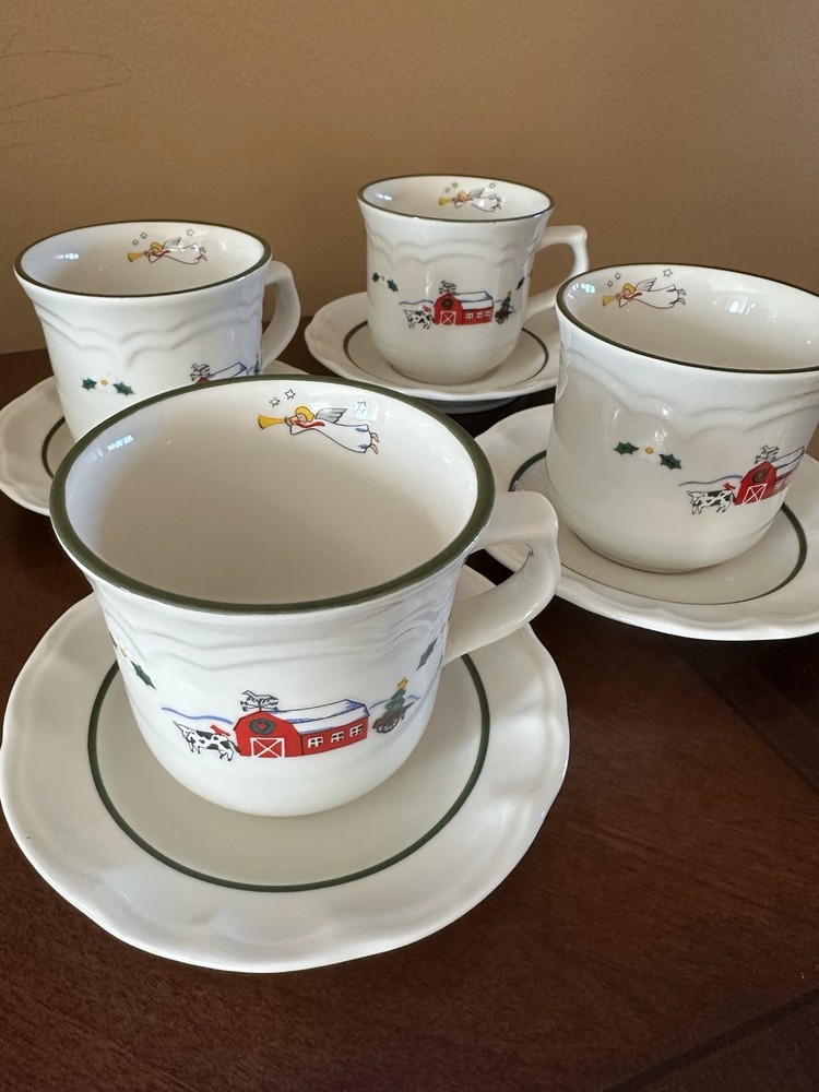 Pfaltzgraff Snow Village Tea Cup Coffee Mug Saucer Set of 4 Christmas Barn Angel