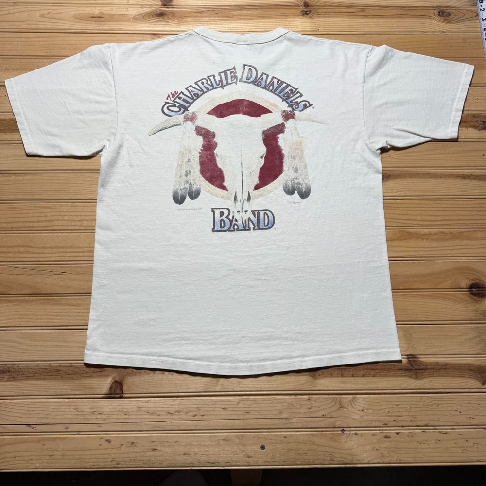 Vintage 90s The Charlie Daniels Band Native American Skull Henley T-Shirt USA XL