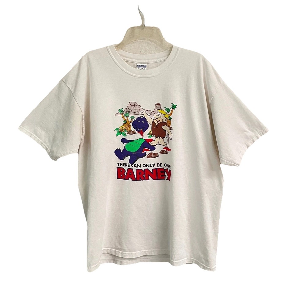 Vintage Y2K Barney Parody Graphic T Shirt Mens XL Flintstones Edgy Cartoon Tee