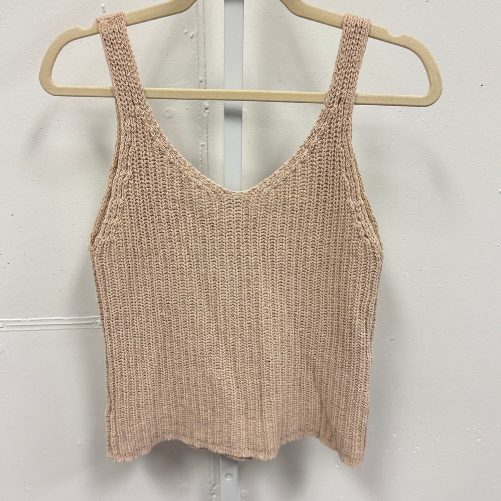 Cashmeren Women's Beige Knit Tank Top V-Neck Sleeveless Ribbed Minimalist Summer