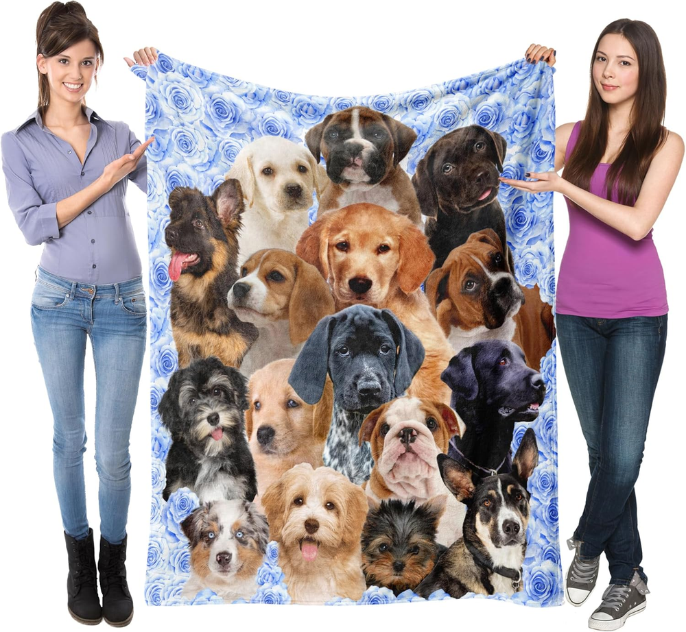 Dog Fleece Blanket for Womens Girls,Super Soft Dogs Flowers Flannel Bed Blanket