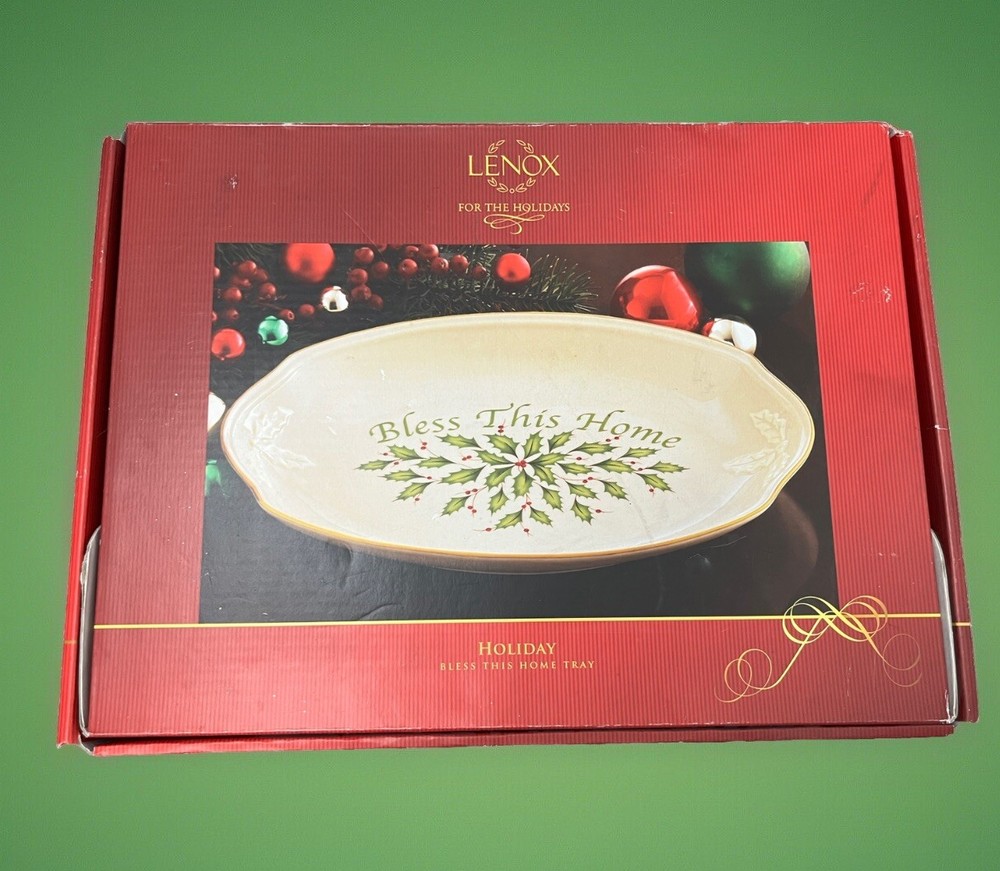 Lenox Holiday BLESS THIS HOME Oval Bread Serving Tray Plate Holly Berry Gold Rim