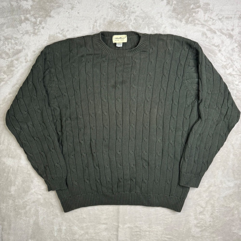 Vintage Eddie Bauer Cable Knitted Green Outdoor Pullover Sweater Men's XL Tall