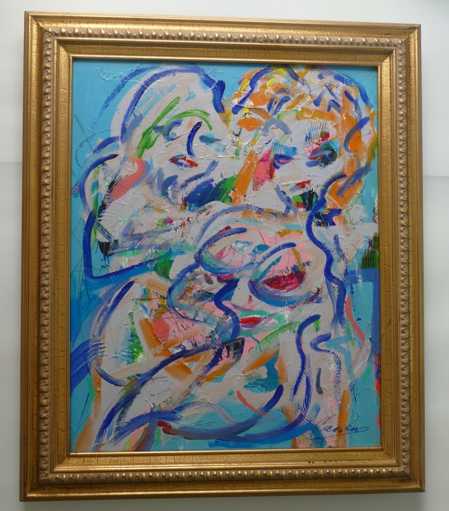 Modern art abstract acrylic painted gallery finish with frame gold ready to hang-image