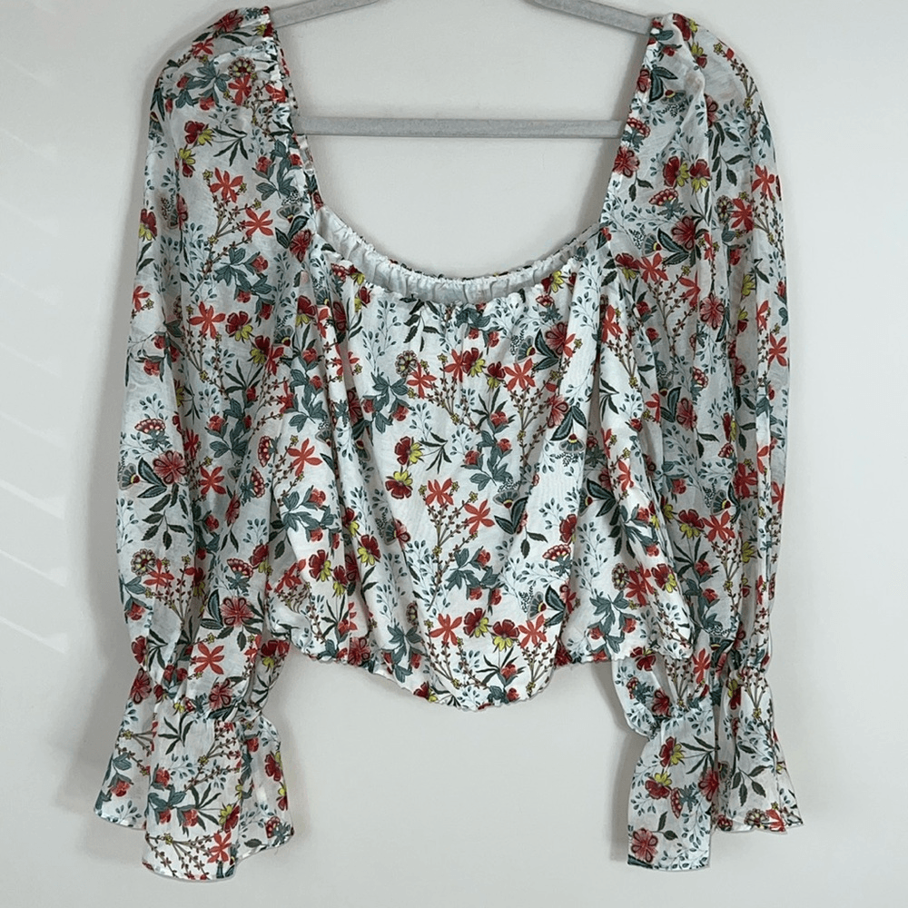 Alice + Olivia Square Neck Cropped Blouse Balloon Sleeve Floral Vintage Size Lar