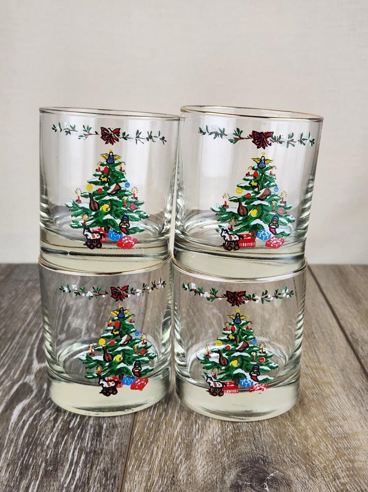Christmas Low Ball Whiskey Glasses - Set of 4 Gold Rimmed Retro Holiday Barware