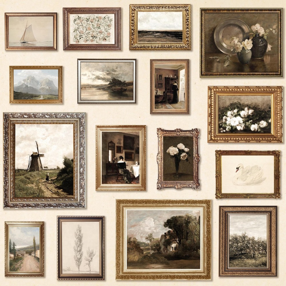 Antique Wall Decor - 16 Pcs Vintage Wall Art Prints, Antique Pictures Landsca...