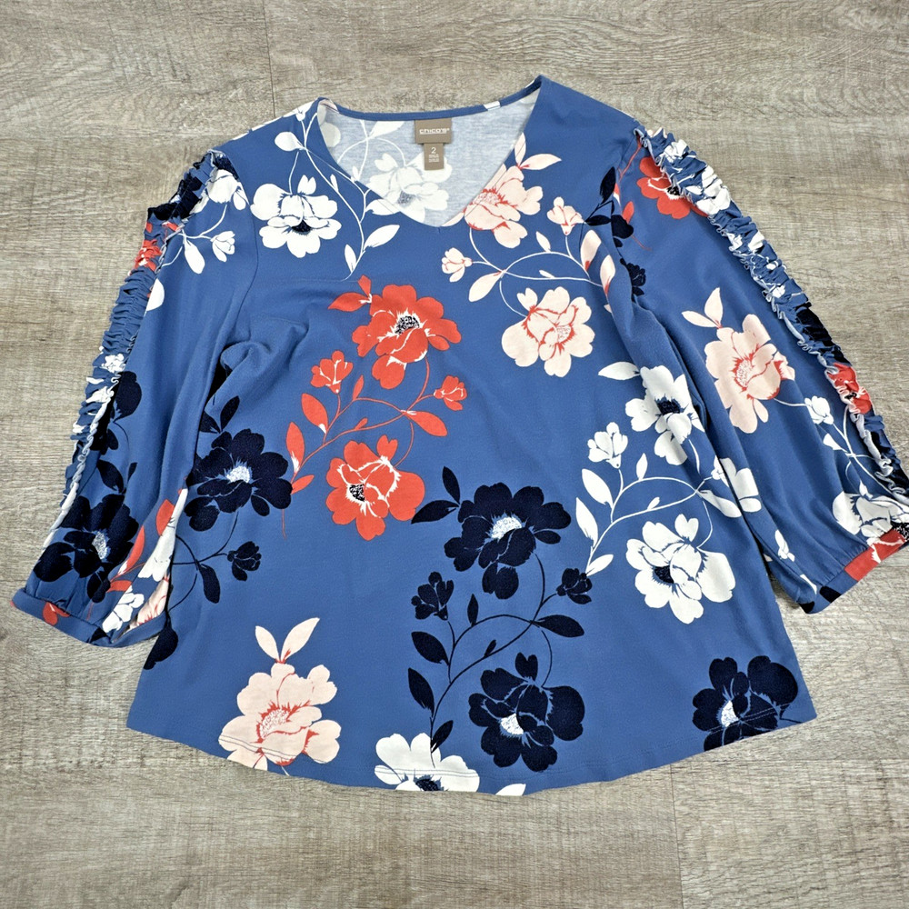 Chico's Women's Blue Floral Cold Shoulder Blouse 3/4 Sleeve Size 2 Large 12