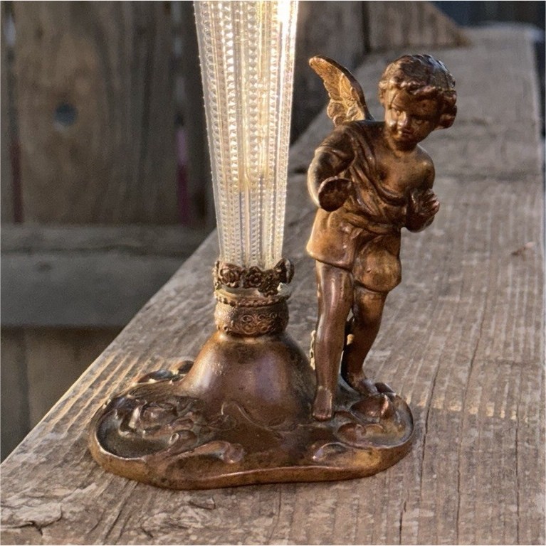 Antique Art Nouveau Cherub Trumpet Vase Bronze Tone Spelter Glass Epergne