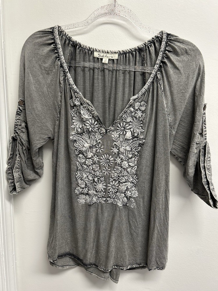 Solitaire BoHo hippie peasant top acid washed gray embroidered  Med 3/4 Sleeve