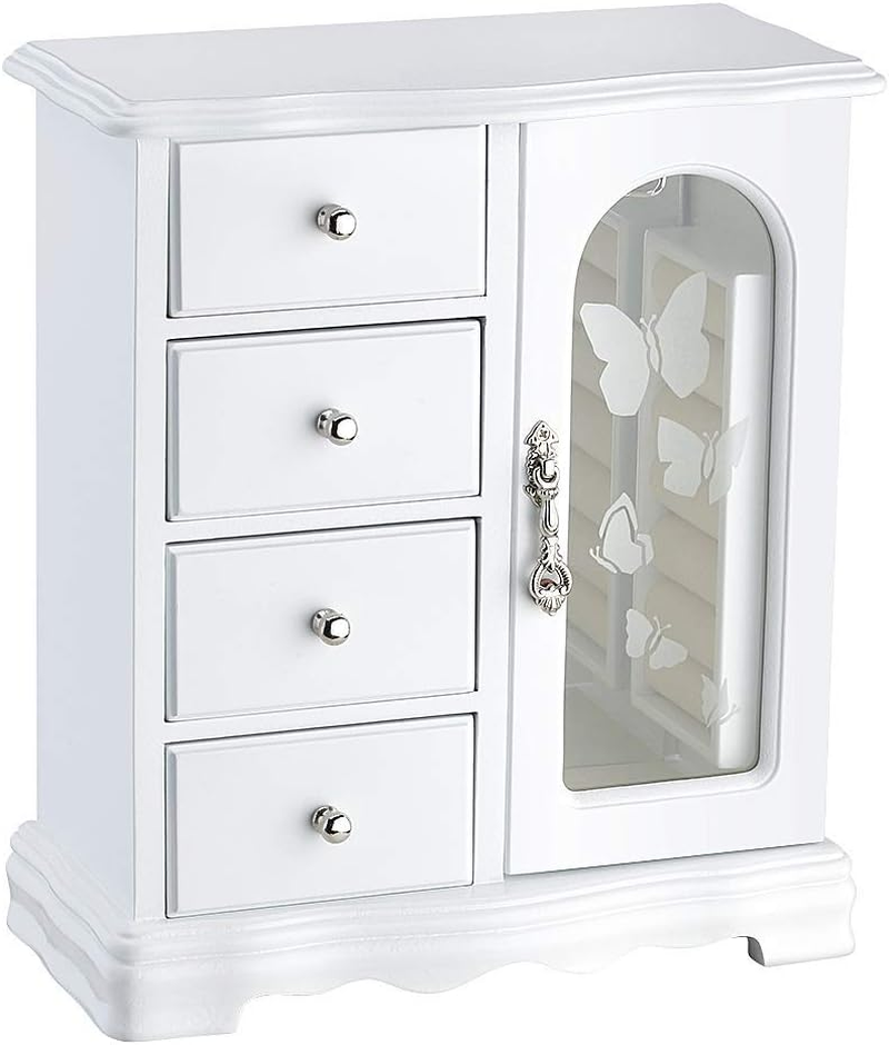 Jewelry Box - Made of Solid Wood with 4 Drawers Organizer and Built-In Necklace