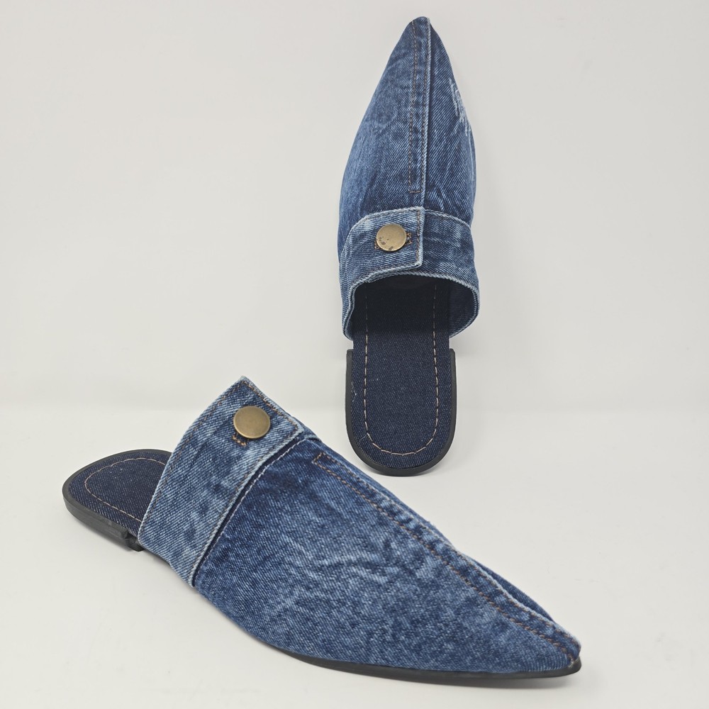 Blue Denim Slippers Pointed Toe Outdoor Slides Mules Slip On Flats Womens EU 43