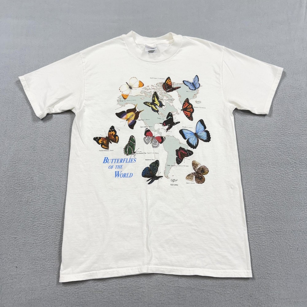 Vintage Nature shirt Mens Medium White Butterflies of the worl aop 90s USA