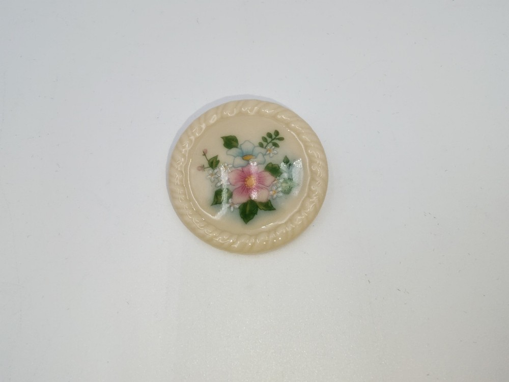 Vintage Avon Floral Ceramic Round Brooch Pin Spring Time Flowers Coastal Grandma