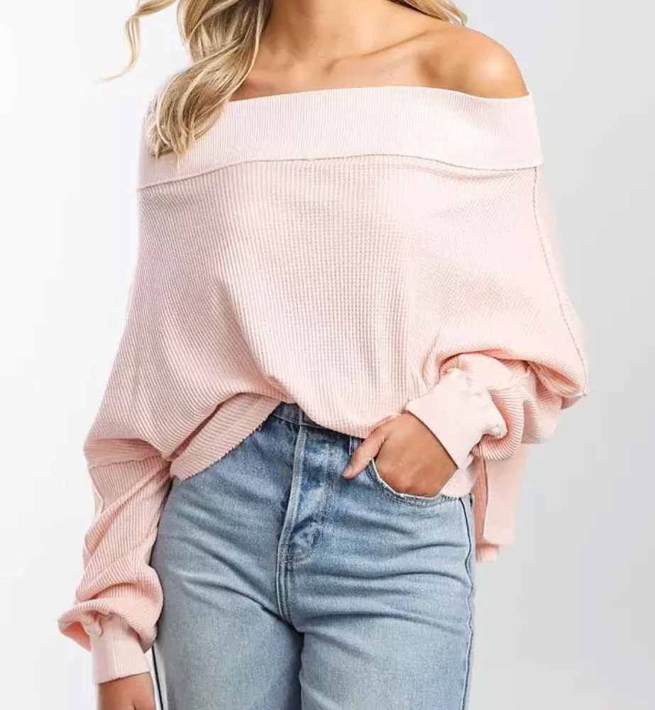 WE THE FREE People CLOSE TO YOU Waffle Knit Top OFF SHOULDER Pink Oversized S