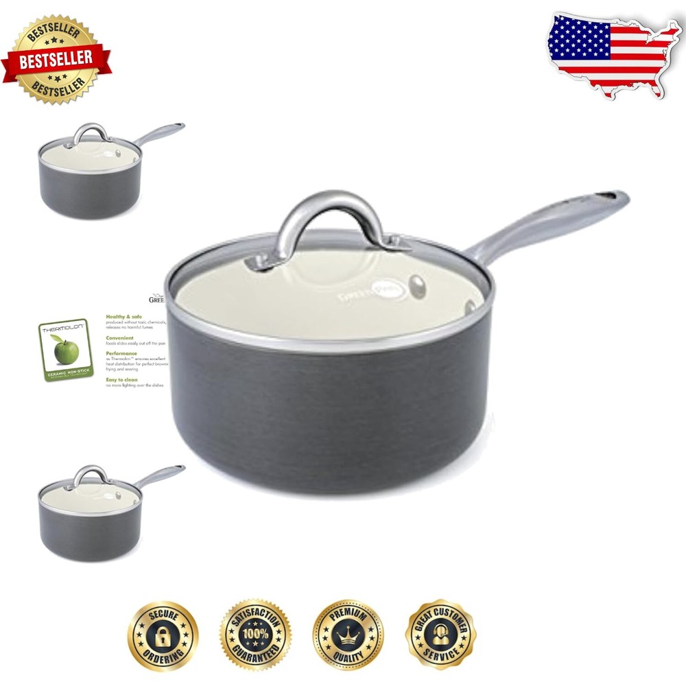 Thermolon Coated 2 Quart Non-Stick Saucepan with Glass Lid and Stainless Handles
