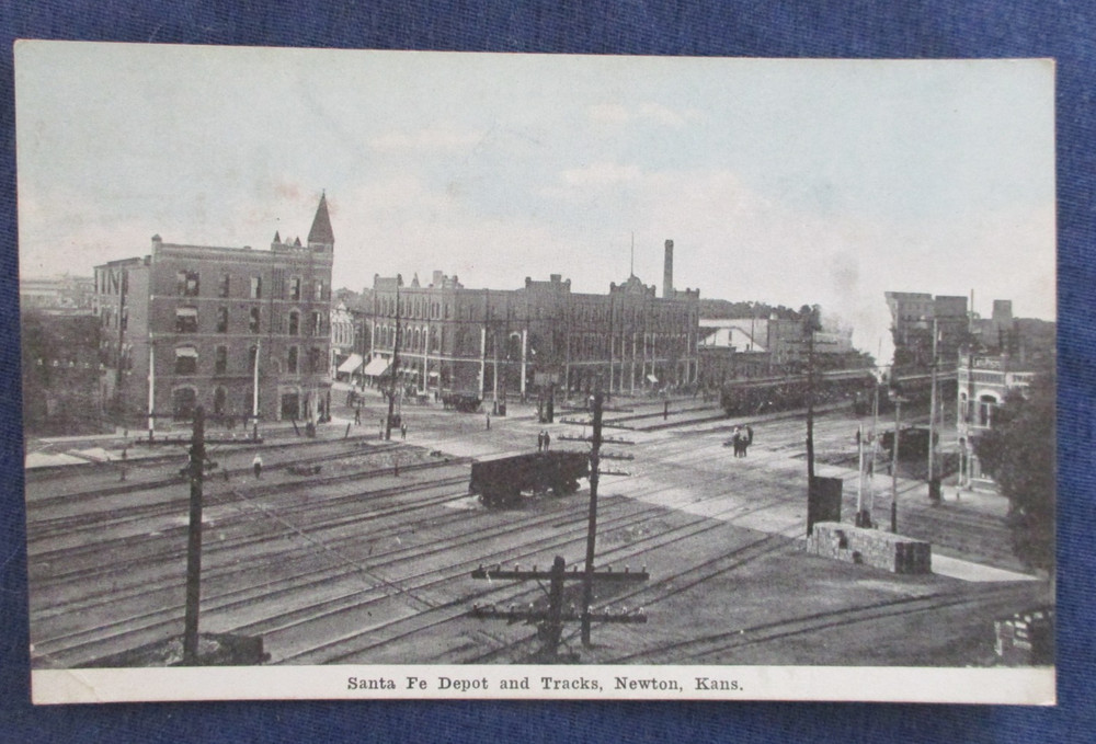 1910s Newton Kansas Santa Fe RR Train Depot & Tracks Postcard