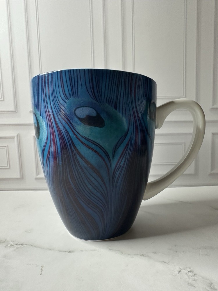 MET Museum Peacock Feather Mug Tiffany Style Blue Art Coffee Cup 4”