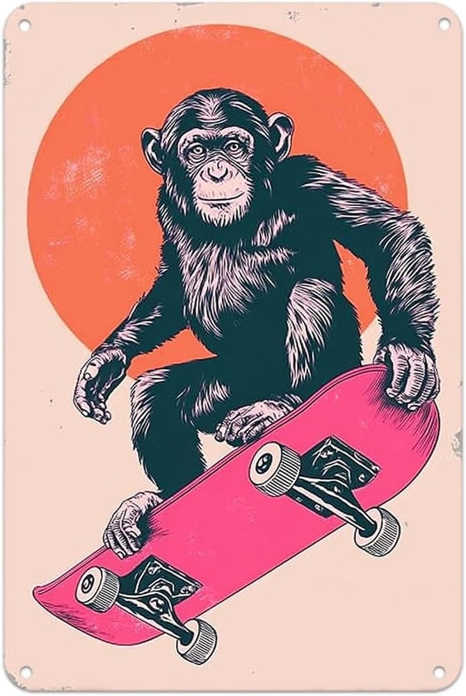 Chimpanzee Skateboard Vintage Monkey Tin Metal Signs Home Décor 8x12