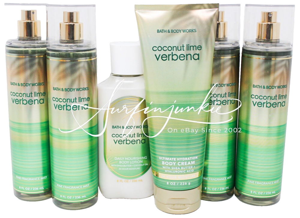 Bath & Body Works Coconut Lime Verbena Body Spray Mist x4 Cream Lotion 6pc Set