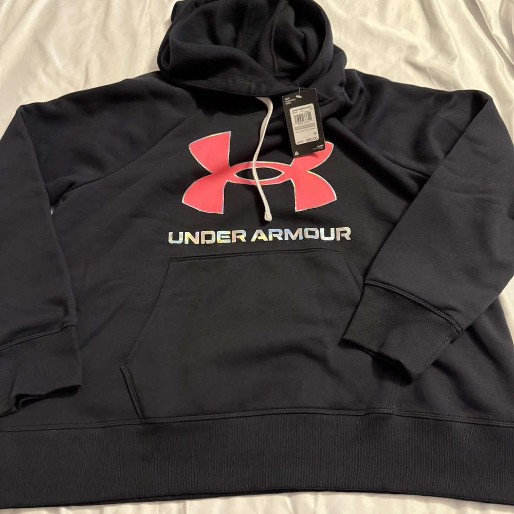 Under Armour Womens Rival Fleece Hot Pink Logo Hoodie Loose Size 1X Black