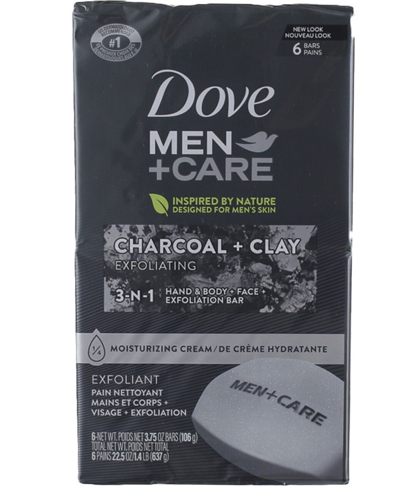 Dove Men+Care Charcoal Clay Exfoliating Soap Bar, 3.75 oz, Pack of 6