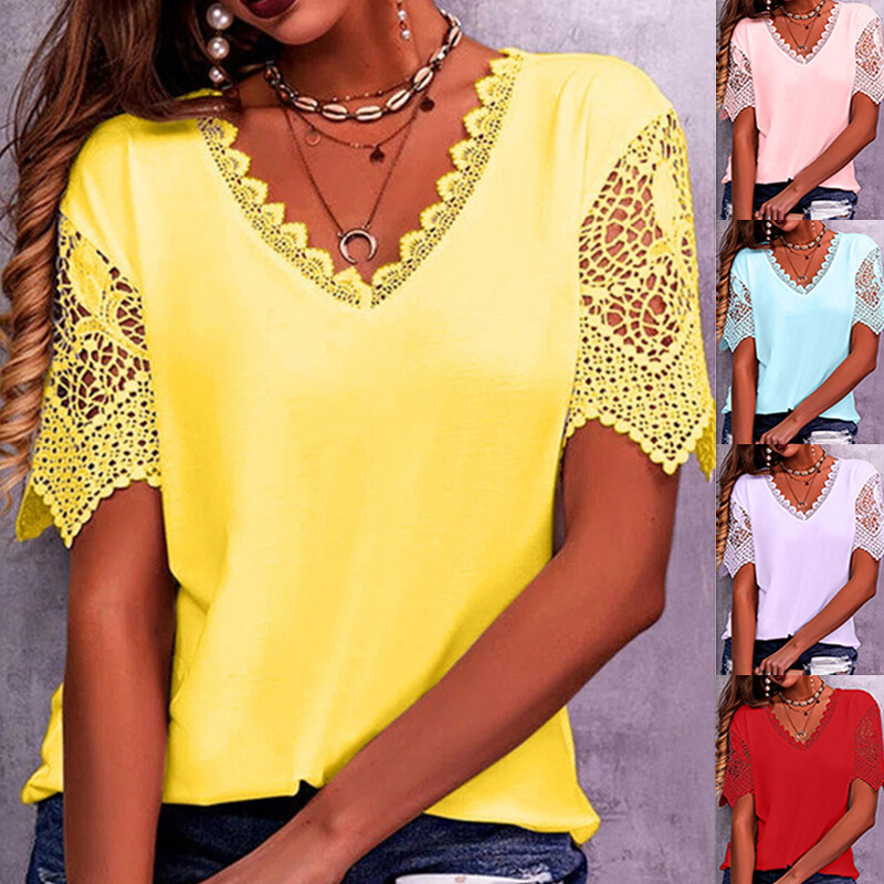 Plus Size Ladies Summer Short Sleeve T Shirt Tops Womens Plain Lace Blouse Tee ~