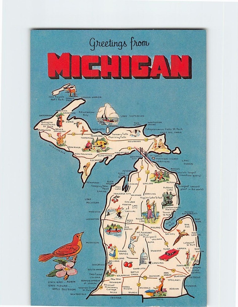 Postcard Michigan Map Greetings from Michigan USA