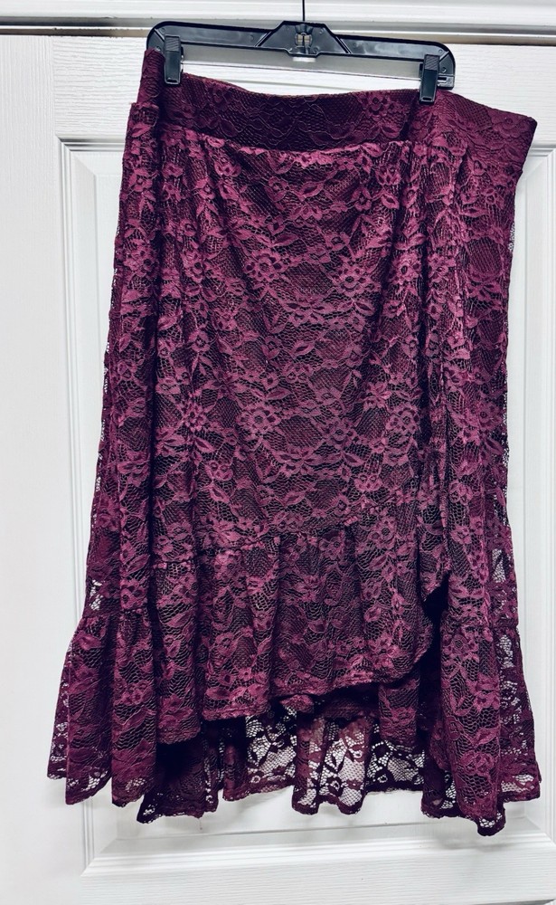 Torrid Burgundy Lace Floral Ruffle Flare Midi Skirt Plus Size 4