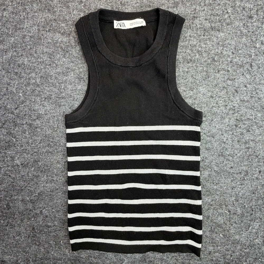 Zara Tank Top Women Medium Black White Striped Ribbed Knit Racerback Sleeveless