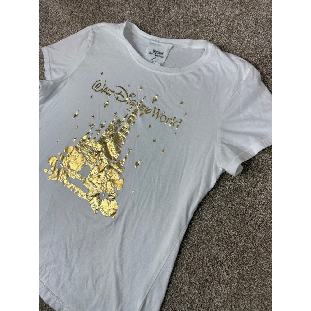 Disney Walt Disney World Gold Foil Castle Rhinestone White T-Shirt Womens XL