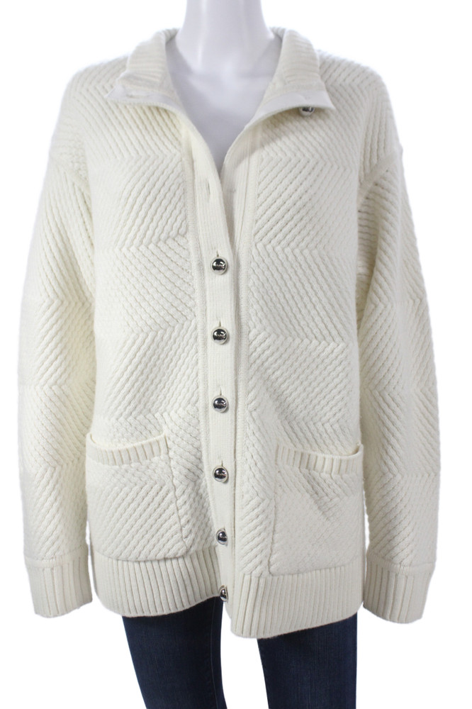 Toccin Womens Ivory Knit Geometric Collared Cardigan Long Sleeve Fall Size MFree Shipping in US $100+ Orders | $6.95 Orders Below
