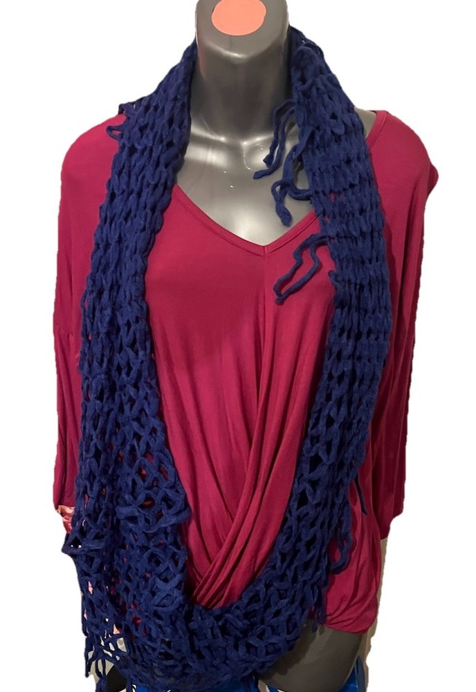 Navy blue crochet infinity scarf handmade with soft fringe detailing