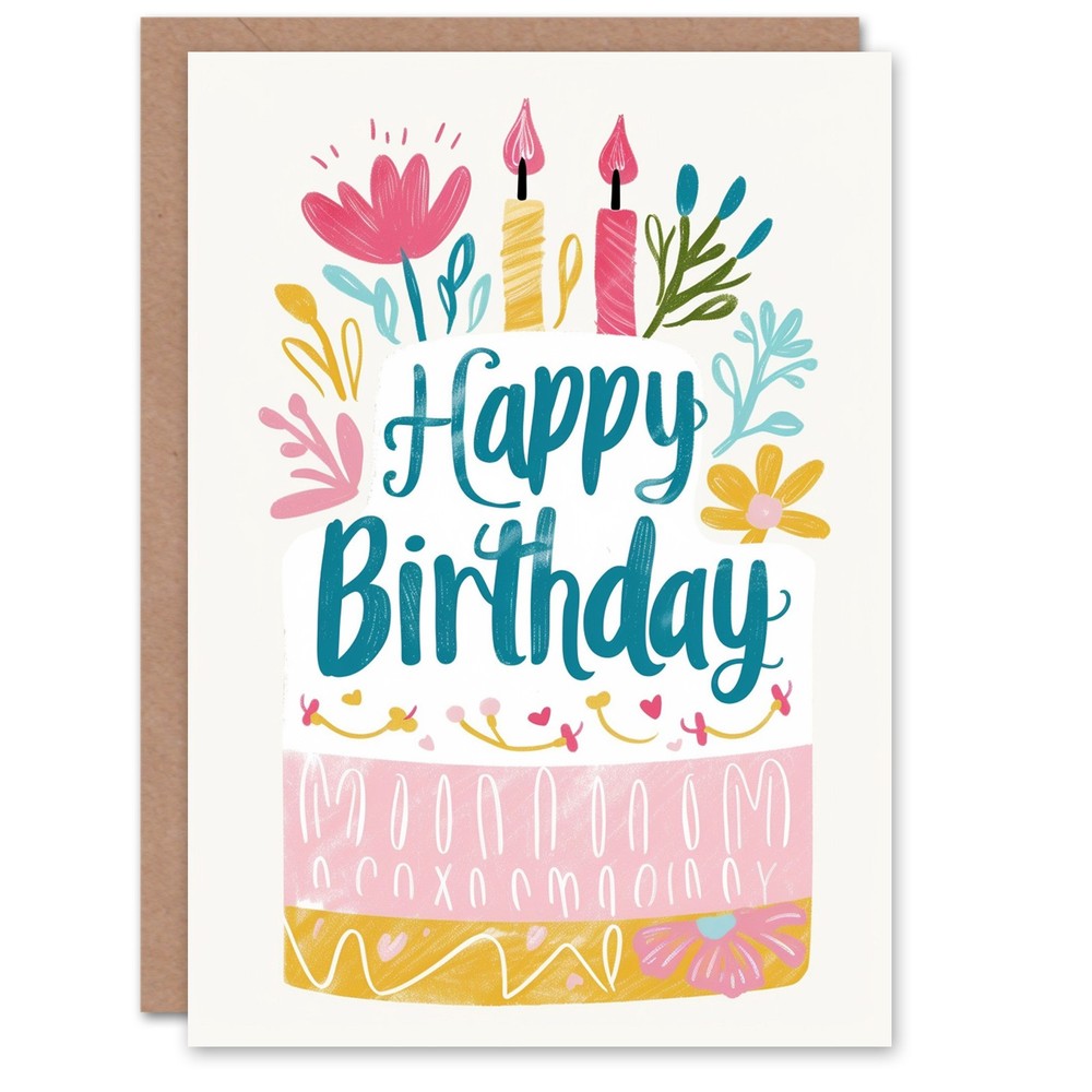 Birthday Card Flowers Candles Floral Cake Illustration For Her Greeting Card
