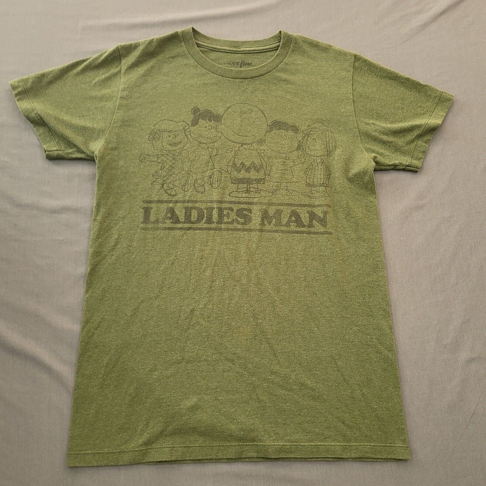 Peanuts Shirt Mens Small S Short Sleeve Ladies Man Charlie Brown Pullover Green
