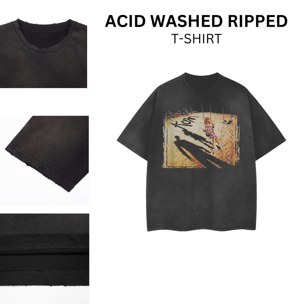 [ACID WASHED RIPPED] Korn Swing Set Cover Distressed Vintage Feel T-Shirt 102255